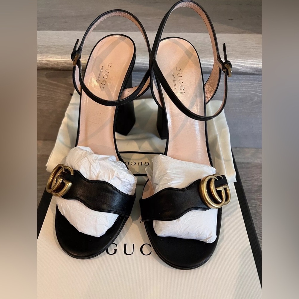 Authentic Women’s Gucci Marmont GG black leather heels sandals 8.5M